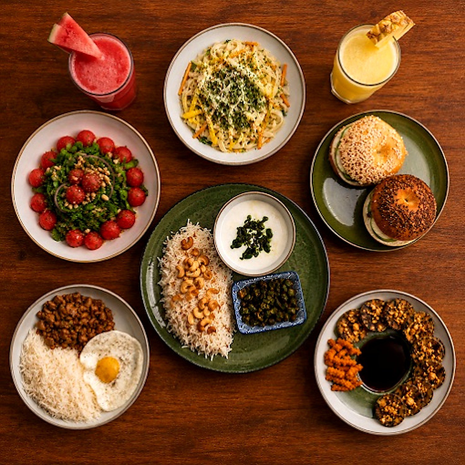 An overhead spread of dishes, salads and cold pressed juices on the table at BĒRU Kitchen